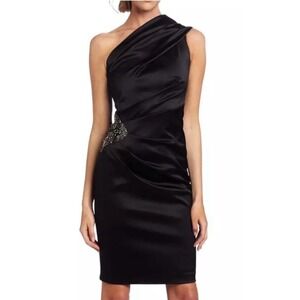 Eliza J Black Satin One Shoulder Beaded Cocktail Dress EJ2M3653 Size 10 NEW